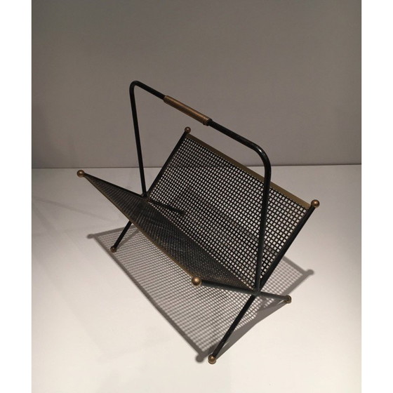 Image 1 of Vintage magazine rack in black lacquered metal and brass, France 1950