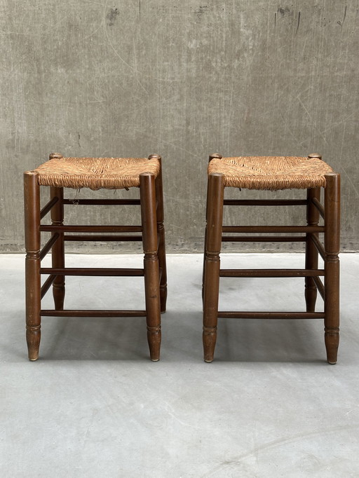 Ensemble de 2 tabourets en bois avec assise en jonc, années 1960
