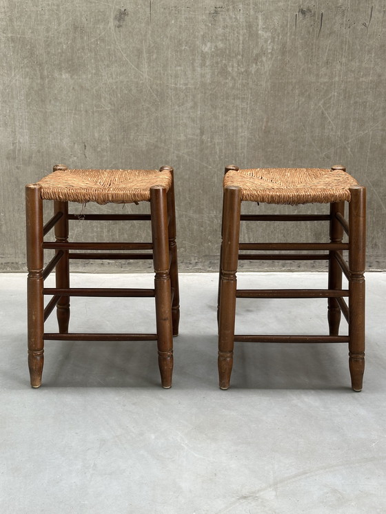 Image 1 of Ensemble de 2 tabourets en bois avec assise en jonc, années 1960