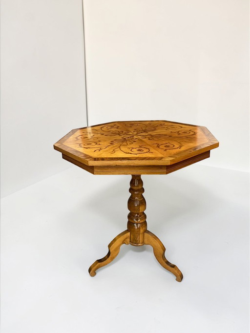 Antieke salontafel met inlegwerk, circa 1900, Biedermeier-stijl, walnootfineer, bijzettafel, vintage tafel