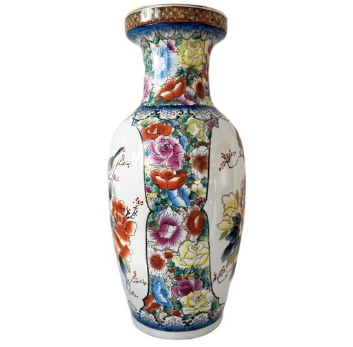 Chinesische handbemalte Porzellanvase XL mit Blumenmuster, Vintage 1960er Jahre