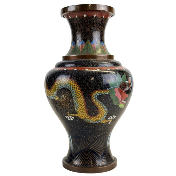 Coppia Grandi Vasi Cloisonné Cinesi – Stile Qing – Decorazione Drago Arcaico – Metal (photo 8 of 11)
