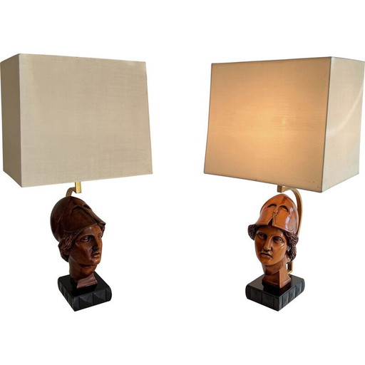 Paar vintage walnoten lampen met gezichten van gehelmde soldaten, Italië 197