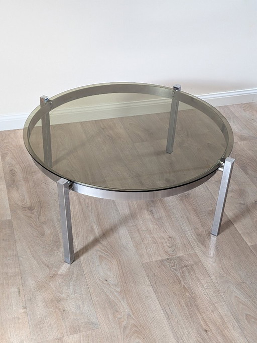 Round Vintage Space Age Coffee Table in Chrome and Smoked Glass (France, 1970s) – salontafels