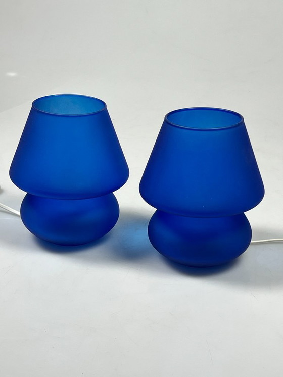 Image 1 of Ensemble vintage de lampes champignon en verre bleu, Habitat, années 1980