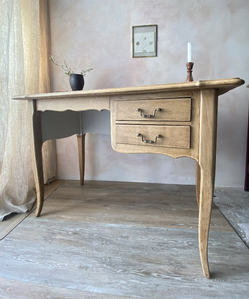 Escritorio vintage de roble restaurado con 2 cajones - Madera color miel y beige suave