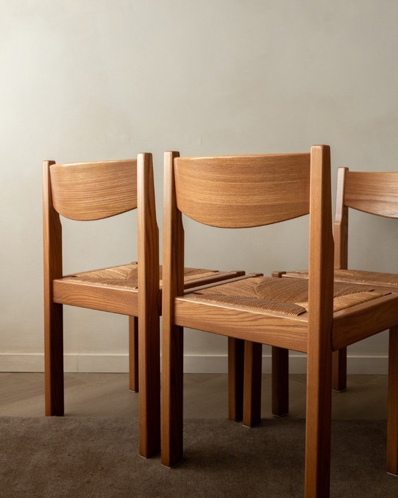 Image 1 of Mid-century eetkamerstoelen van iepenhout en riet van Maison Regain, jaren 70, set van 4
