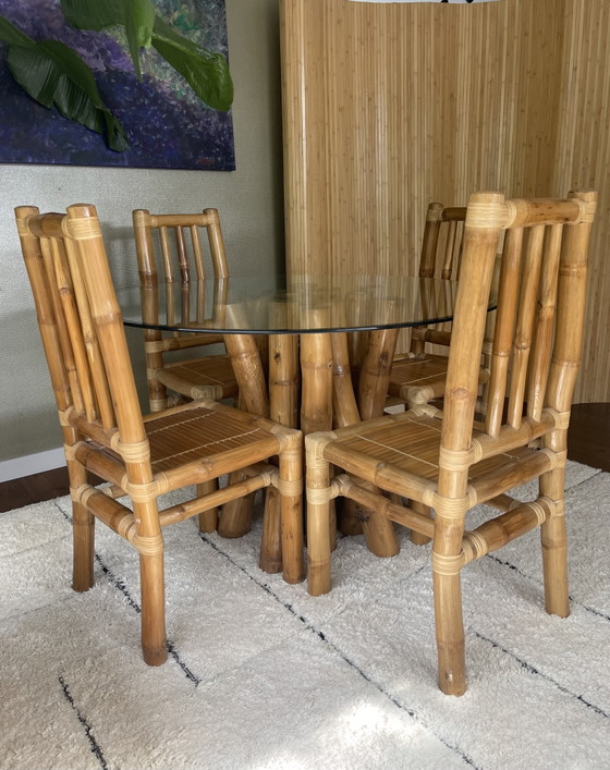 Image 1 of Set da pranzo vintage in stile boho con tavolo in bambù e 4 sedie.