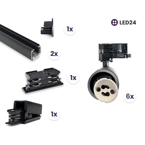 Image 1 of Kit d'éclairage sur rail noir | 3 mètres | 6 spots sur rail GU10 | Système de rail triphasé