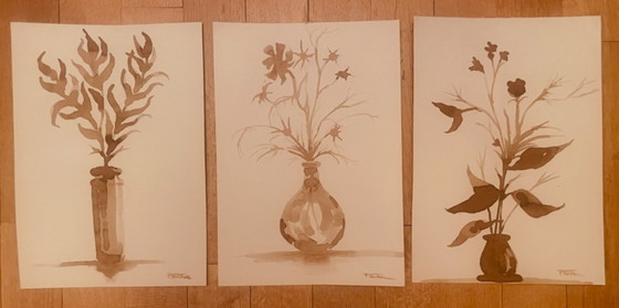 Image 1 of Set of 3 still life paintings with vases of dried flowers, Wabi Sabi style