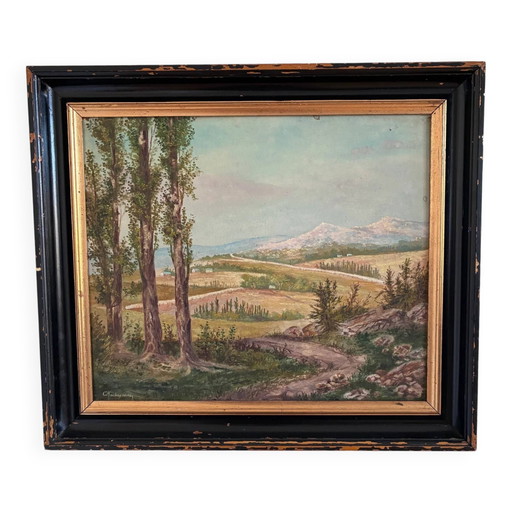 Peinture à l'huile originale vintage représentant un paysage champêtre : art mural représentant la nature de la campagne
