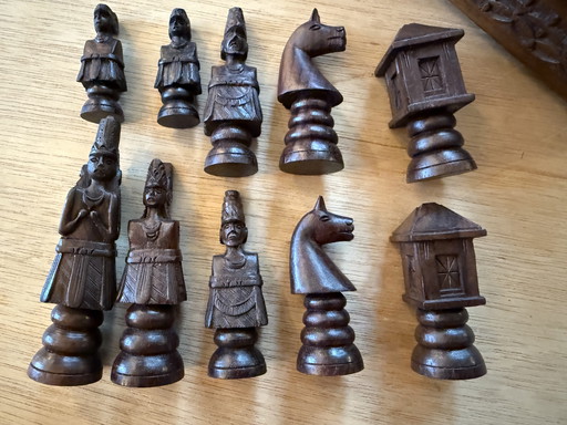 Vintage hand carved wooden chess board chess board