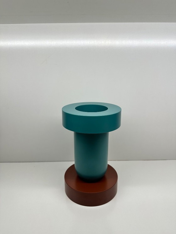 Image 1 of Mirto Ettore Sottsass vase for Marutomi Japan 1997 Lacquered plastic Blue Grey Brick Signed