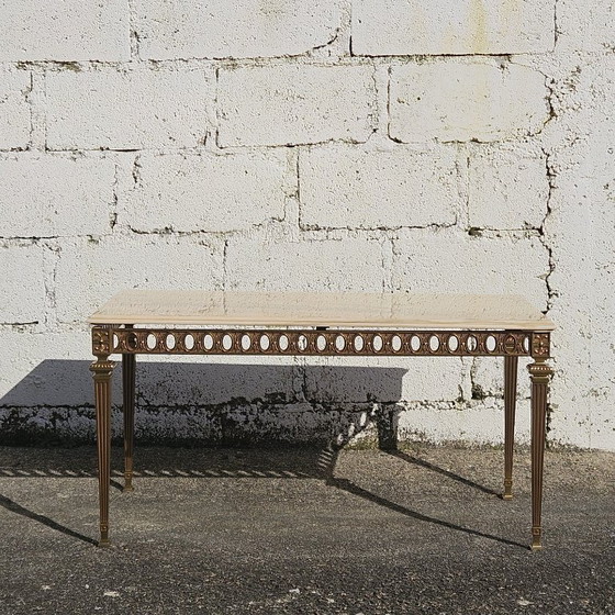 Image 1 of Tavolino da caffè vintage francese in marmo e ottone - Tavolo da cocktail - Tavolo da salotto - Stile Regency - Anni '70