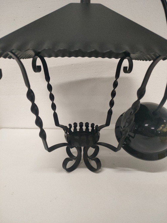 Image 1 of Massive lantern pendant lamp with amber ribbed glass