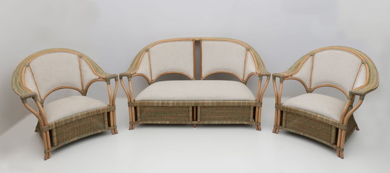 Image 1 of Mid-century Modern Italian Rattan and Wicker Two Armchairs and Sofa, 1970s
