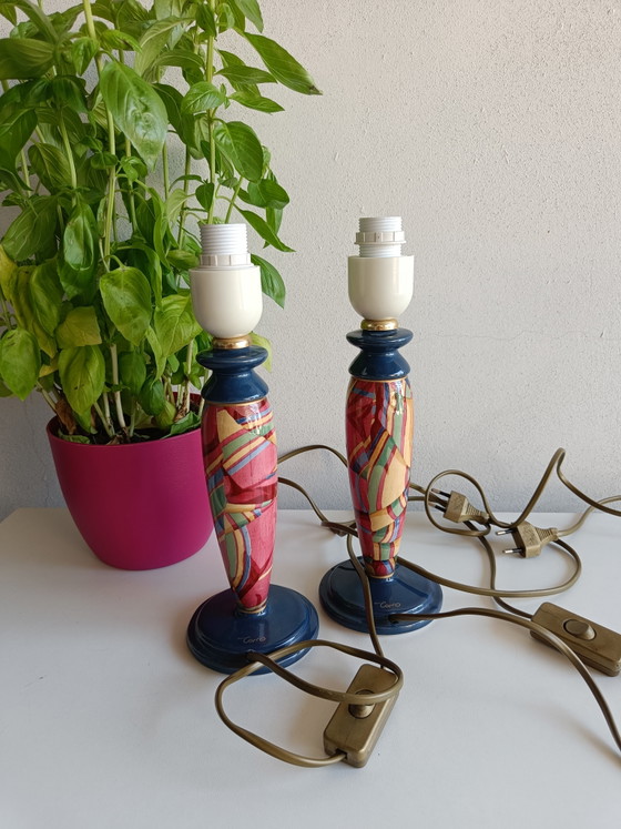 Een paar Oliver Corro postmoderne keramische tafellampen met originele lampenkappen – jaren 80 – Ceramic (photo 11 of 11)