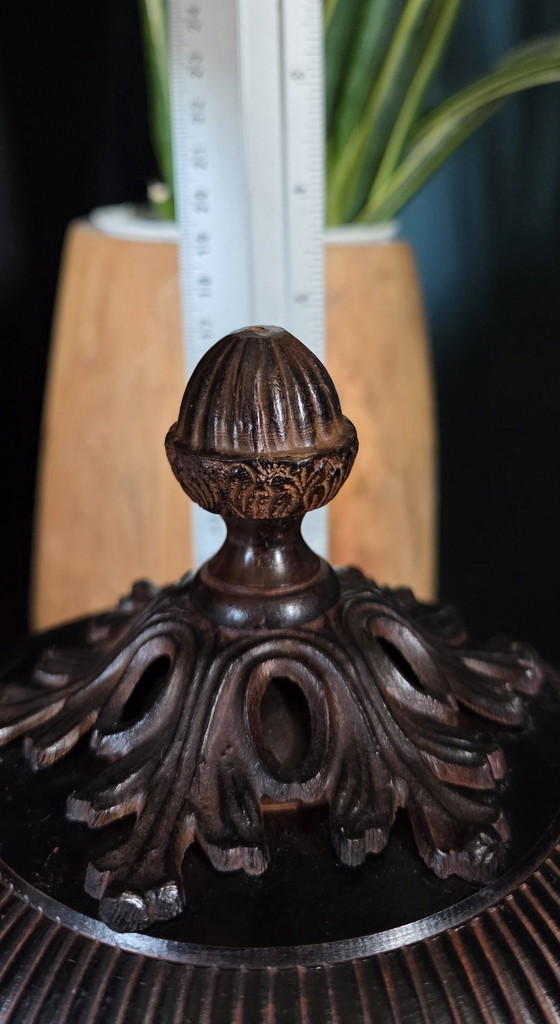 Antieke Koperen Dekselpot / Bonbonnière Met Leeuwenkoppen – Empire Stijl, Ca. 1900 – Decoratieve objecten (photo 3 of 5)