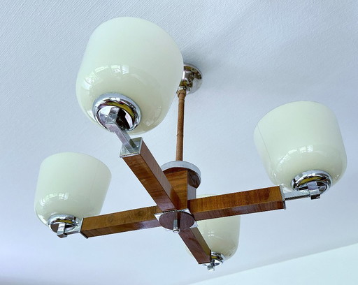 Art Deco Wood Chrome Glass Pendant Lamp