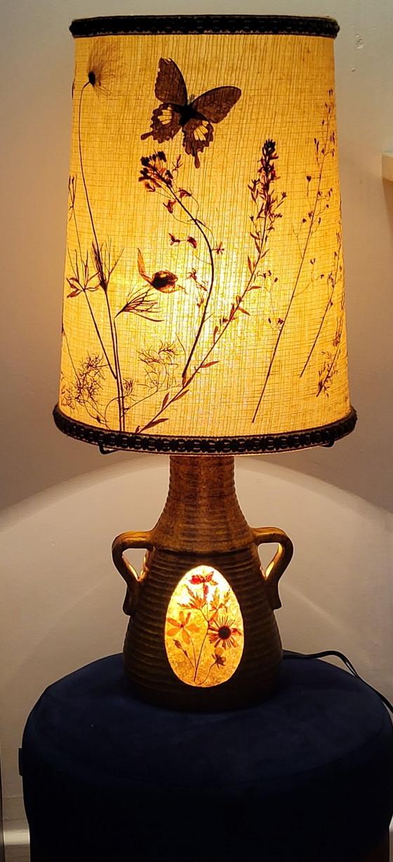 Image 1 of Lampe Accolay en Céramique et Abat Jour Herbier, France 1970