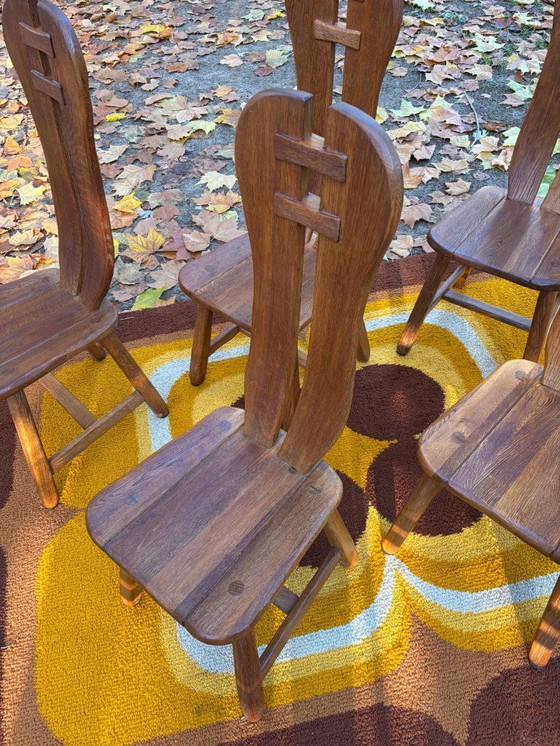 Image 1 of 5 brutalistische stoelen, massief eikenhout, De Puydt, vintage jaren 60