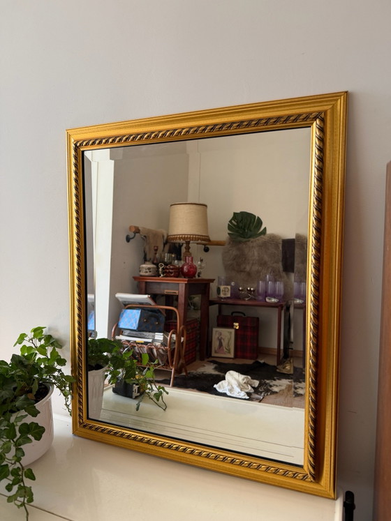 Facet cut vintage mirror with gold-colored frame, Glass, Wood (photo 4 of 8)