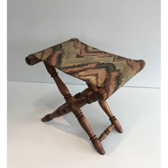 Image 1 of Vintage Folding Wooden and Tapestry Stool 1930