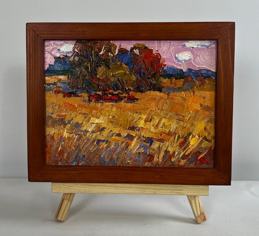 Original Oil Painting Evening Field Landscape On the autumn steppes