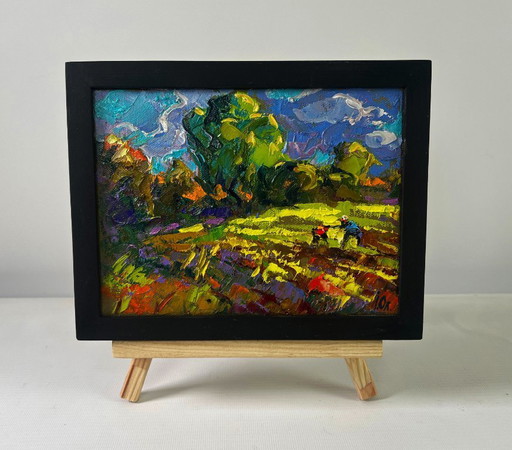 Original Oil Painting Colorful Nature Landscape In the garden summer smells of freshness