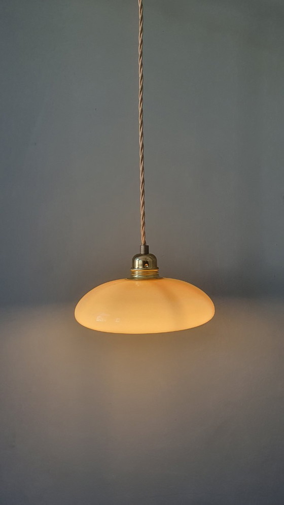 Vintage French Pendant Lamp - Pastel Yellow Opaline Glass – Metal (photo 12 of 12)