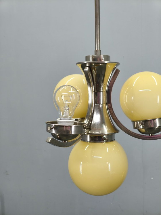 Image 1 of Art Deco Chrome and Opaline Glass Chandelier, 1930s