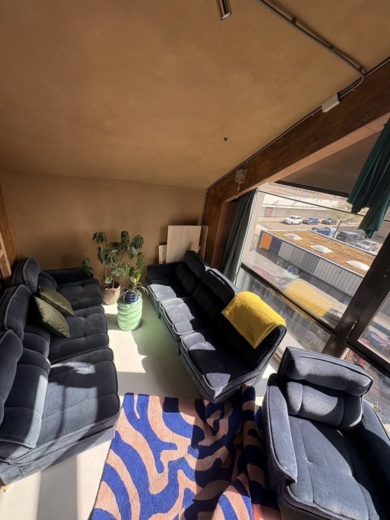 Image 1 of Canapé modulable Hukla 6 pièces avec fauteuil assorti, velours bleu années 70