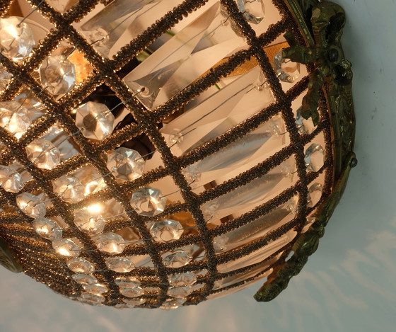 Image 1 of grande lampada da soffitto glamour anni '60 cristalli di vetro bronzo stile hollywood regency anni '60-'70