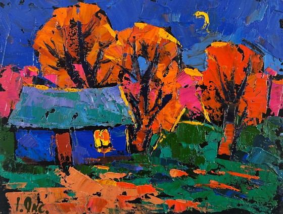 Image 1 of Original Oil Painting Sunset House Landscape When evening falls over the land