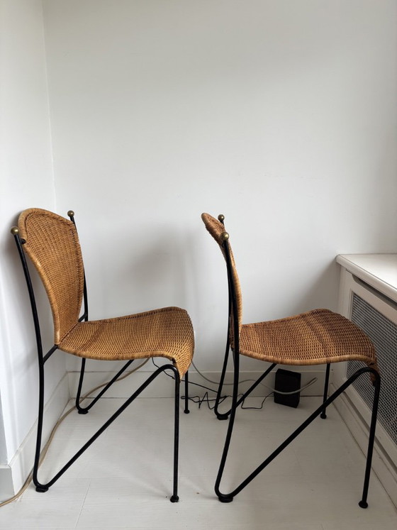 Set aus 6 Frederic Weinberg Stühlen, 1950er Jahre, Frederick Weinberg, Esszimmerstühle, Metall, Rattan (Foto 9 von 13)