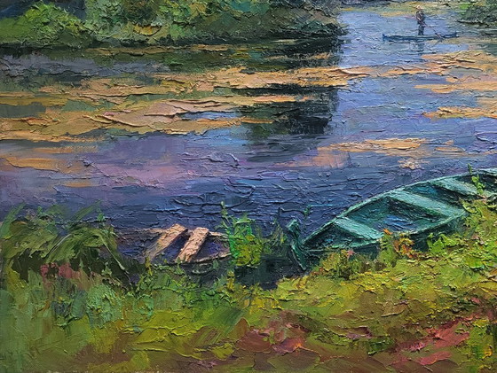 Original Oil Painting Summer Landscape Nature Boat on the Pond – Paintings & Drawings, Canvas (photo 6 of 7)