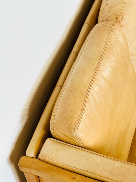 Image 1 of Vintage Scandinavian 2-seater sofa in beige leather and wood by Stouby, 1960s