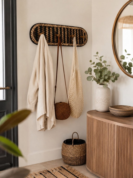 Wandgarderobe aus schwarz-braunem geflochtenem Holz und Bast