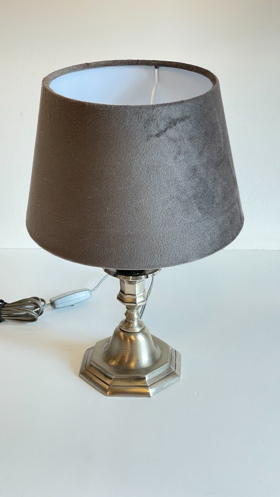 Image 1 of Silver and Velvet Metal Candlestick Lamp