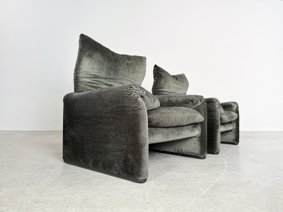 Image 1 of 2x Cassina Maralunga armchair Vico Magistretti fabric green corduroy velvet