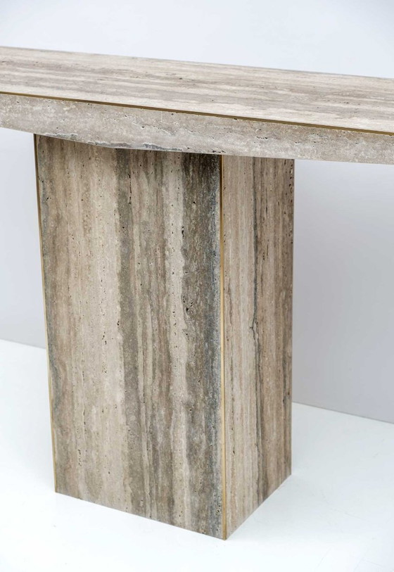 Image 1 of Mid Century Italian Unfilled Travertine and Brass Inlay Console Table