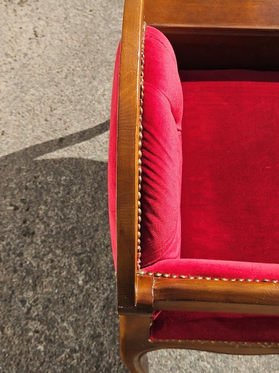 Image 1 of Vintage Franse telefoonbank - Rode fluwelen loveseat - Roddelbank - Stijl Louis XV - jaren 70