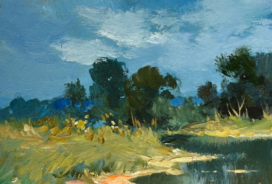 Image 1 of Original Oil Painting Summer River Landscape Reflection of green forest