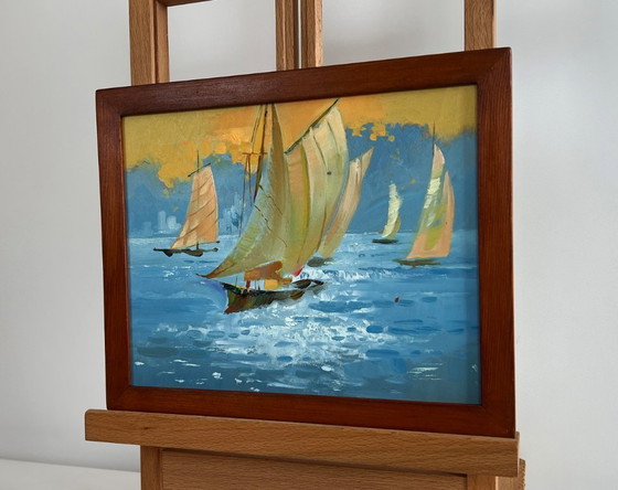 Image 1 of Original Oil Painting Evening Sea Landscape Sunset colors in the sea