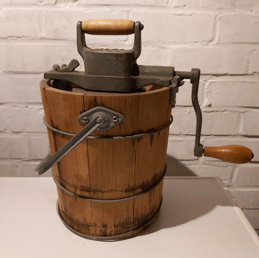 Antique Husqvarna butter barrel with cast iron mill