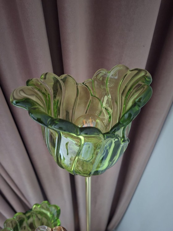 Image 1 of Lámpara de pie triple Ilaria, cristal floral verde/rosa.