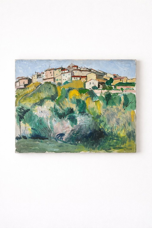 Tableau original signé Balaloeff – Paysage de village français, art moderne expressif