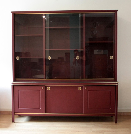 Image 1 of Buffet ou bibliothèque à double corps recouvert de similicuir bordeaux par Umberto Mascagni, années 1950