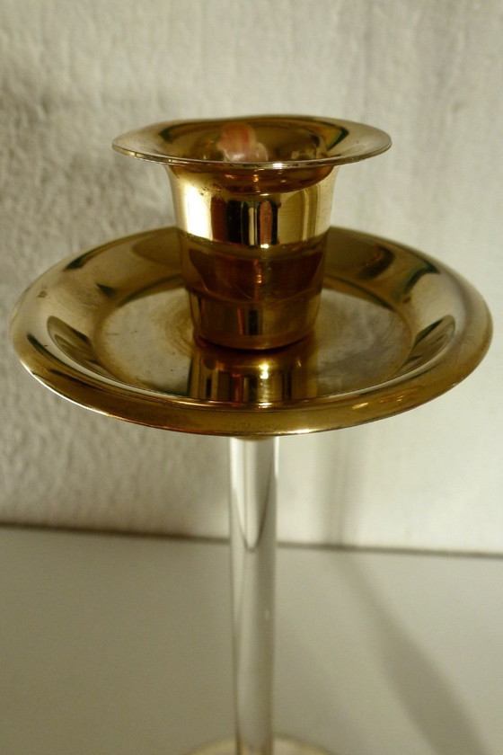 Image 1 of 2x Vintage Candlesticks lucite (plexiglass) with brass by or in the style of Estrid Maria Ericson.