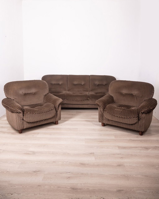 Canapé de salon et paire de fauteuils Vintage 70S en tissu design italien